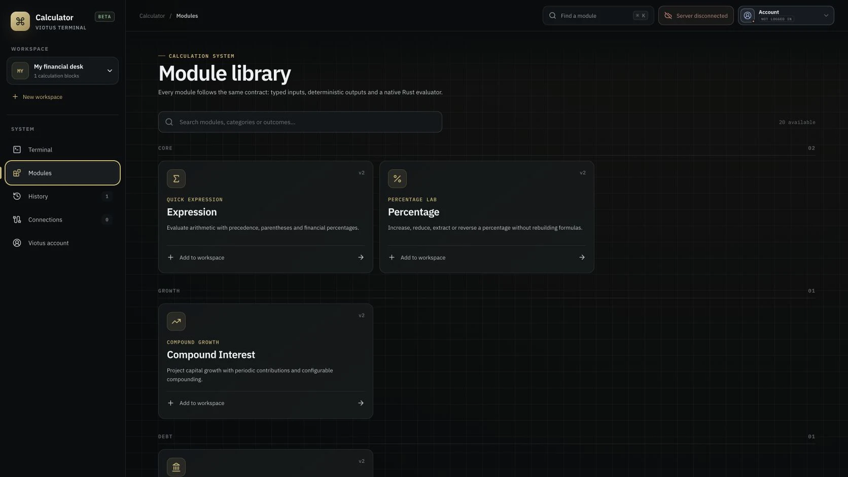 Calculator desktop module library showing its real financial calculation interface.
