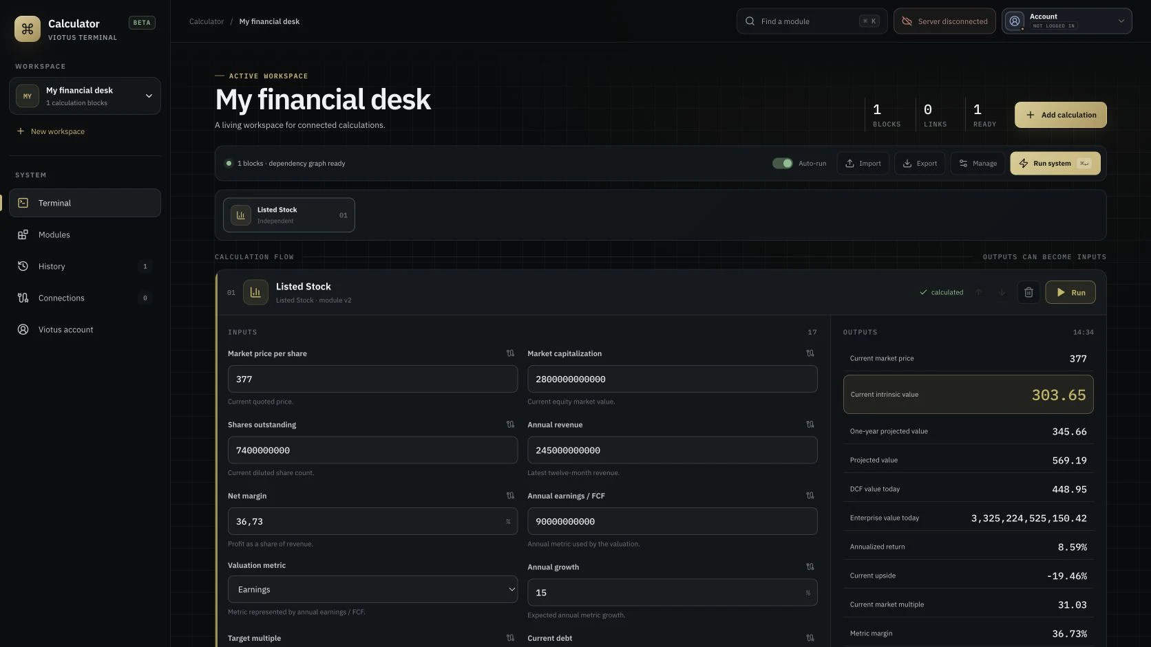 Calculator application interface with financial inputs, results and analytical charts