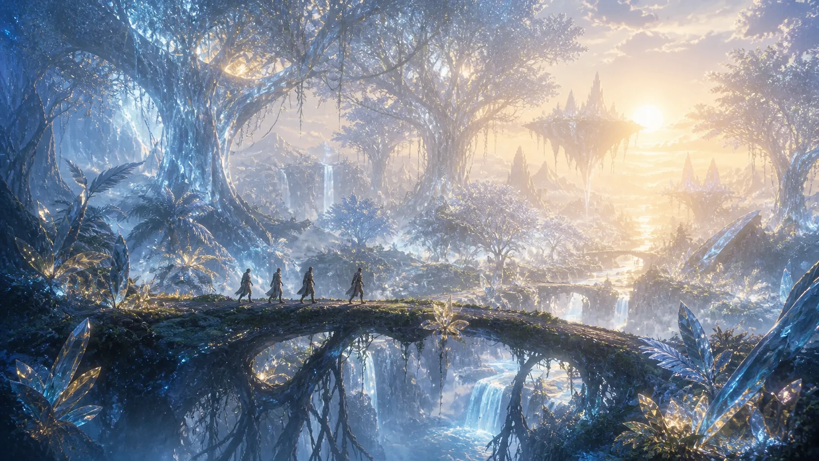 Explorateurs traversant une forêt cristalline dans Dreams Of Lumina