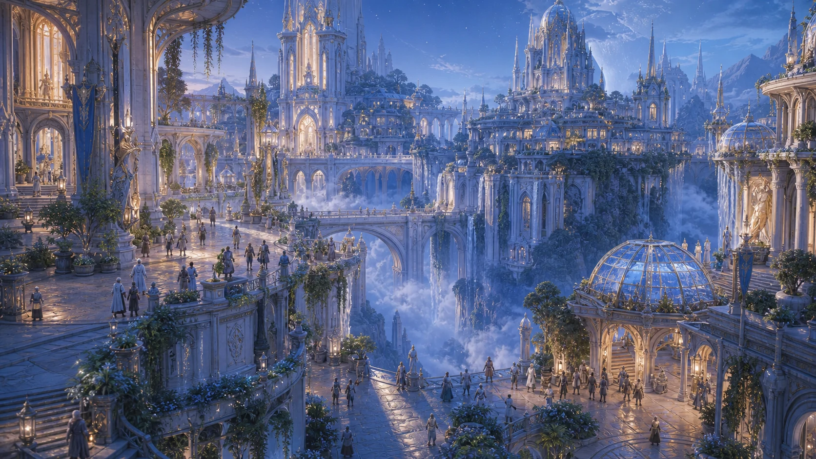 Une ville habitée blanche et dorée au-dessus des nuages ​​dans Dreams Of Lumina