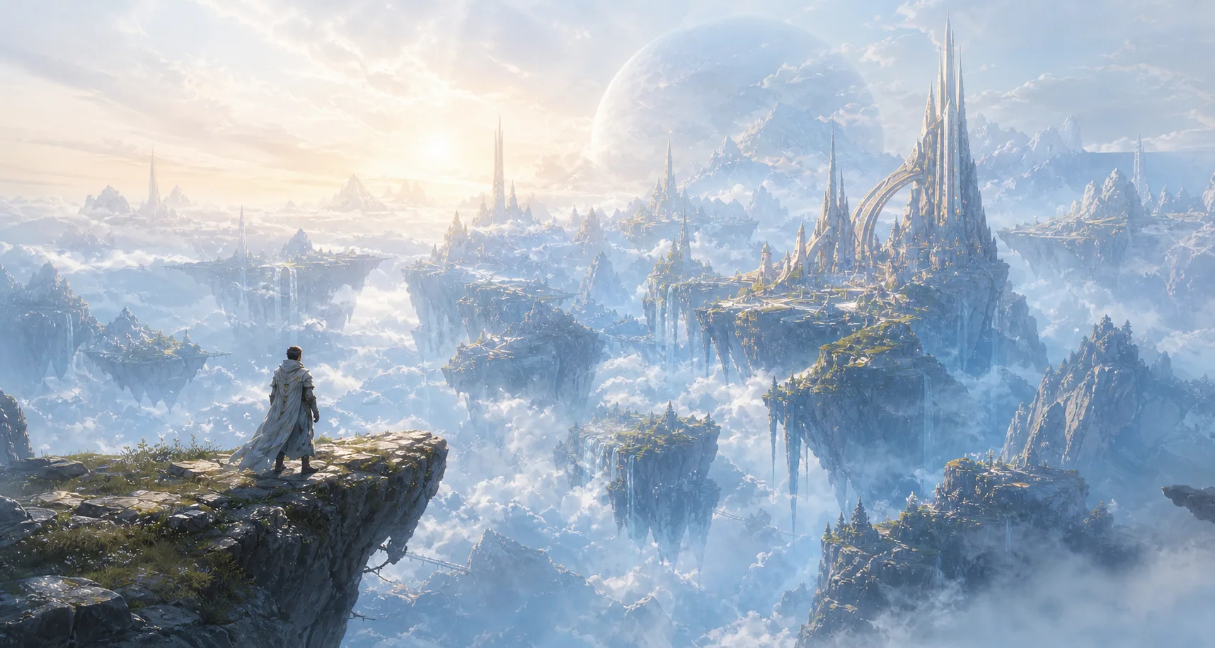 A lone explorer overlooking the immense floating world of Dreams Of Lumina