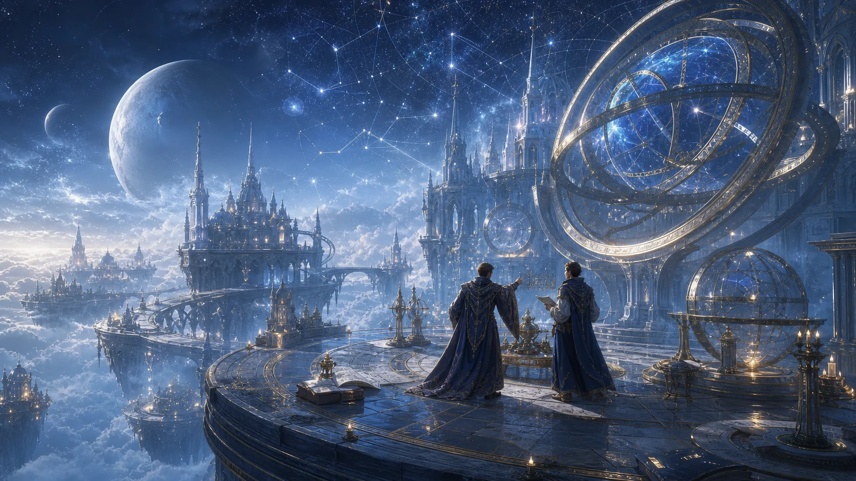 Un observatoire céleste éclairé par la lune flottant au-dessus de Dreams Of Lumina