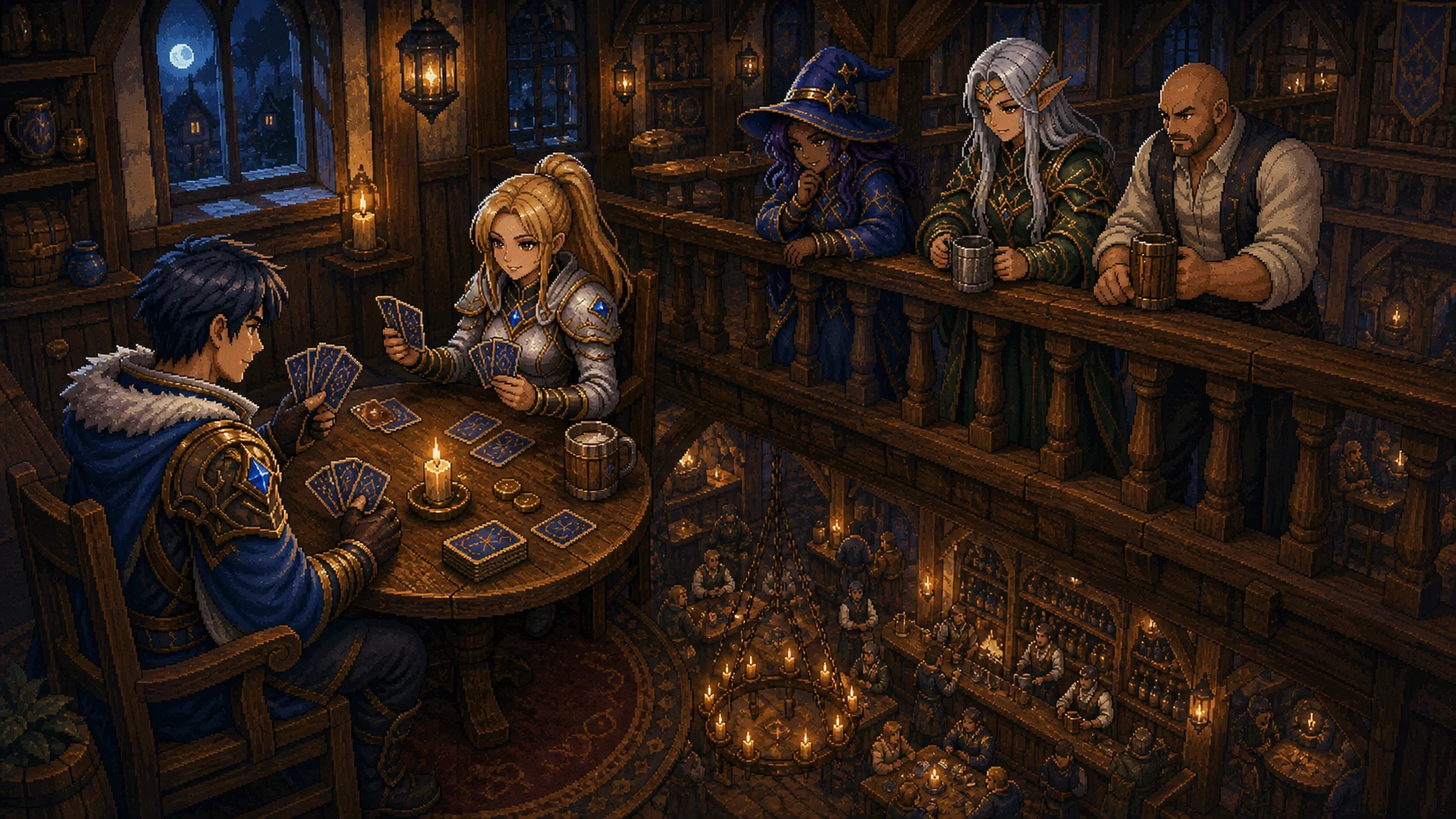 Un duel de cartes Heroes Of Lumina sur la galerie supérieure de la taverne au-dessus du hall principal