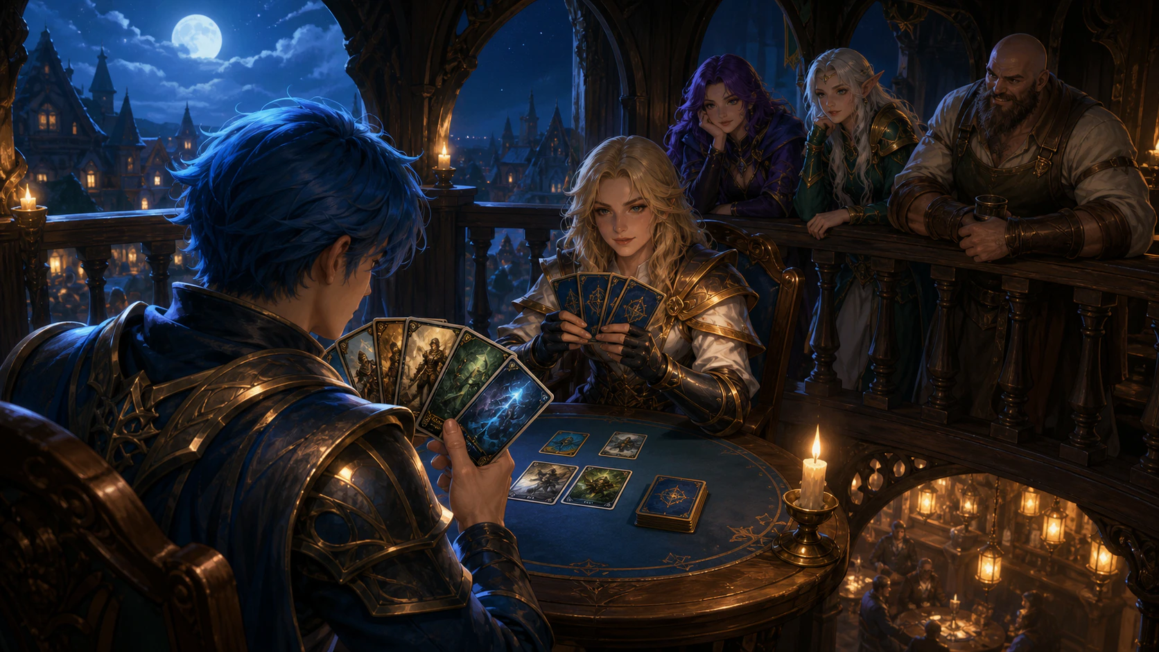 A Heroes Of Lumina card duel on the tavern upper gallery above the main hall