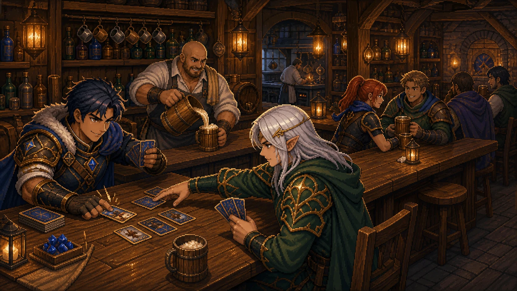 Deux joueurs Heroes Of Lumina en compétition au bar de la taverne en bois