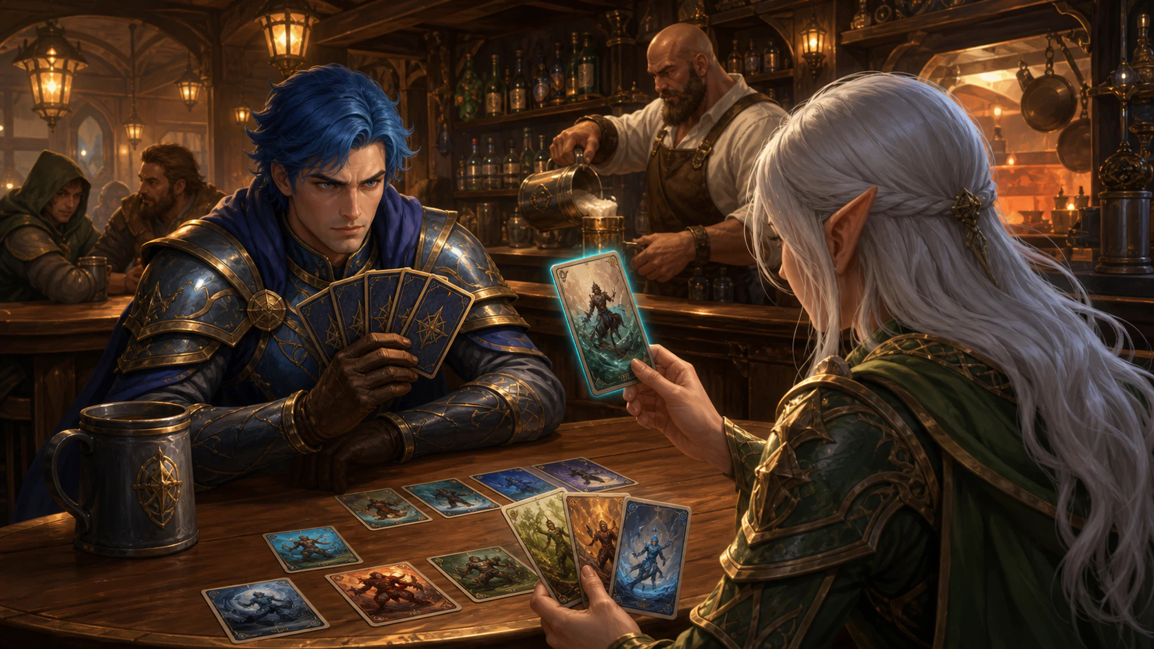 Two Heroes Of Lumina players competing at the wooden tavern bar