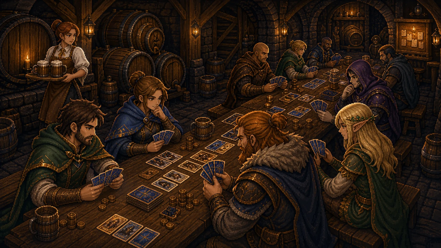 Un tournoi de cartes local Heroes Of Lumina autour d'une longue table dans la cave de la taverne