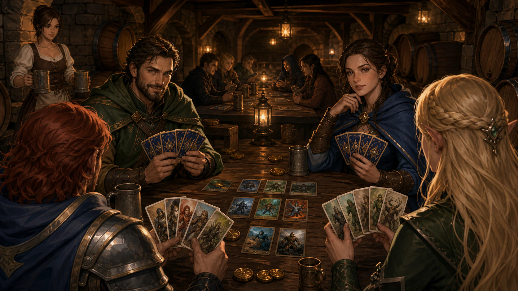 A local Heroes Of Lumina card tournament around a long table in the tavern cellar