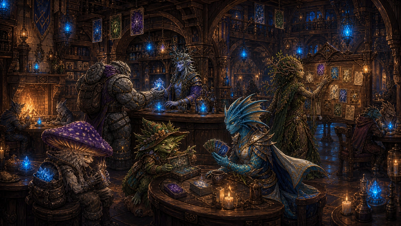 Eroi Roron, Voren, Delian, Ghyrn e Fharle nella taverna della gilda di Heroes Of Lumina