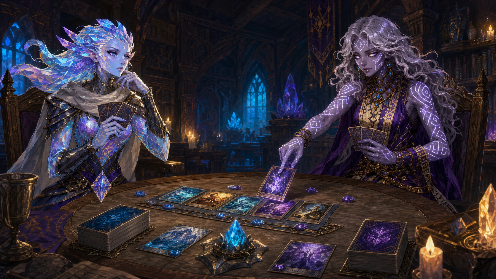 Luminous hand-painted stylized 2D fantasy card arena from Heroes Of Lumina