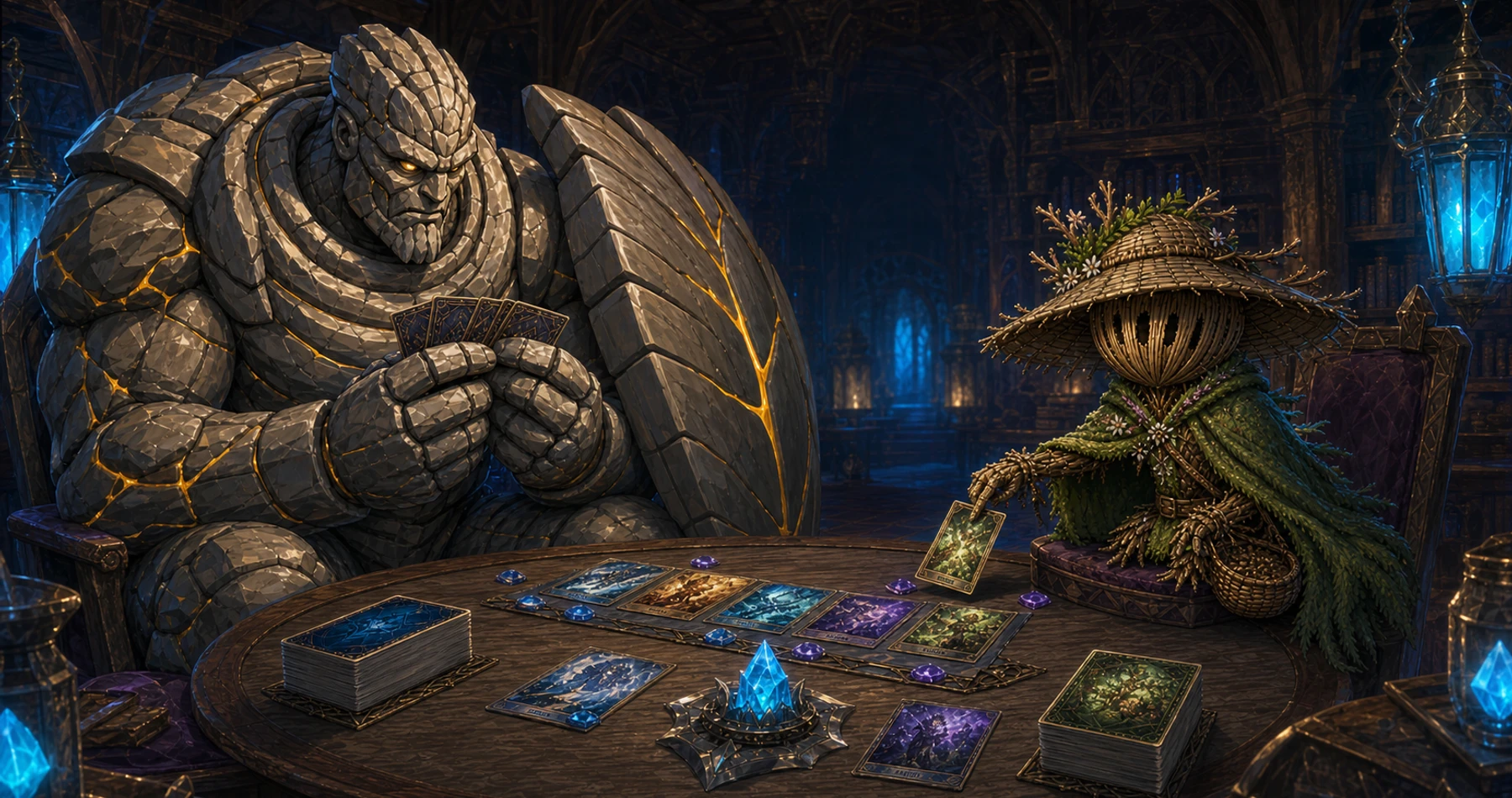 Luminous hand-painted stylized 2D fantasy card arena from Heroes Of Lumina
