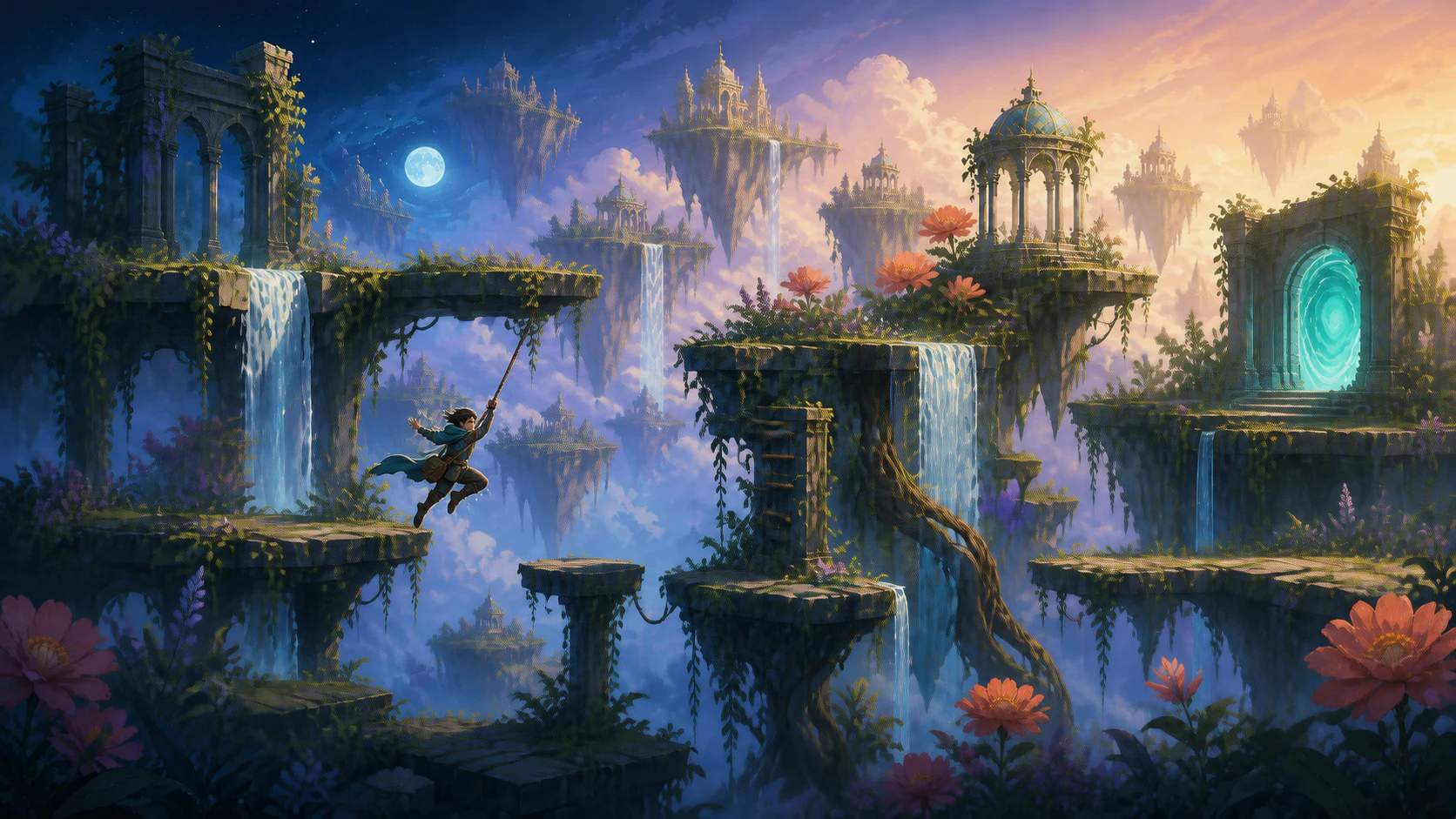 An adventurer swings through a side-view route of suspended gardens and waterfalls