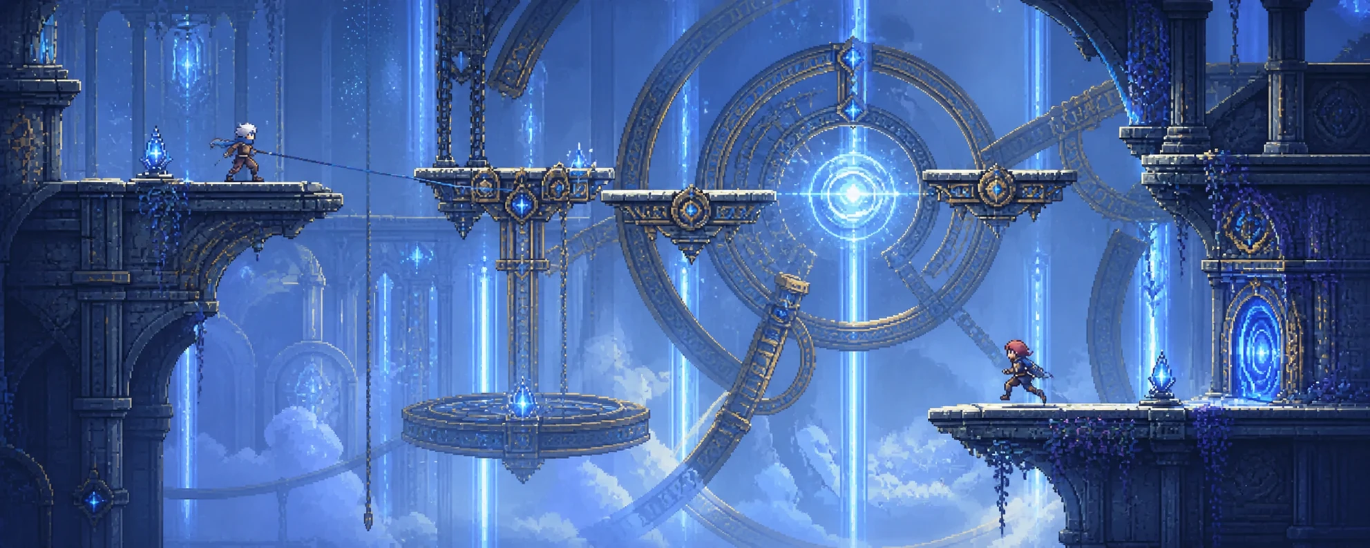Des aventuriers naviguant dans un vaste mécanisme céleste dans Portals Of Lumina