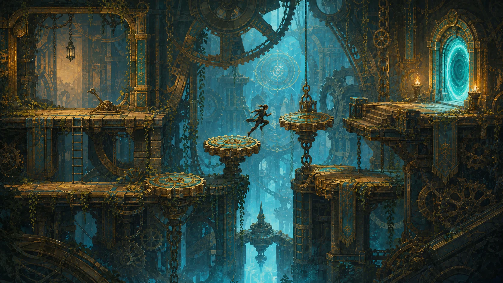 An adventurer crosses moving gear platforms inside the celestial mechanism of Portals Of Lumina