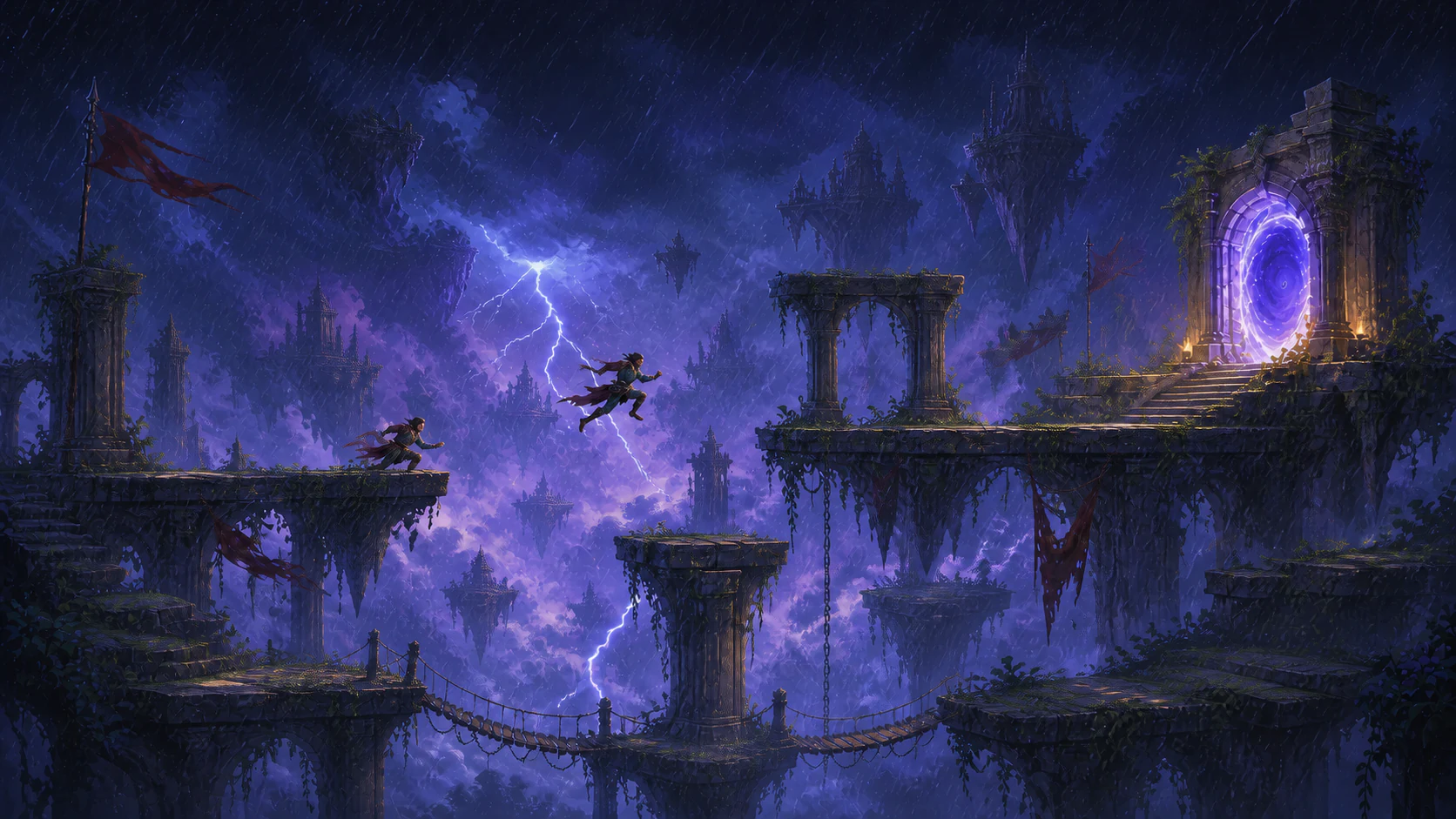 Two adventurers jump across storm-battered side-view platforms towards a portal