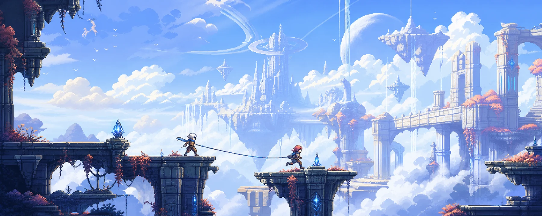 Pixel-art world of Portals Of Lumina