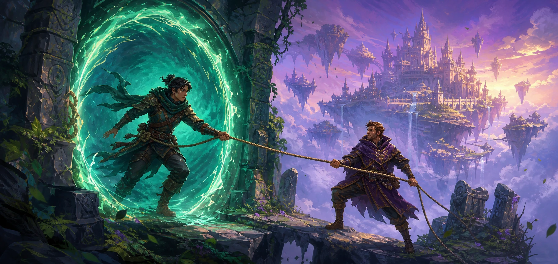 Hand-painted stylized 2D fantasy world of Portals Of Lumina