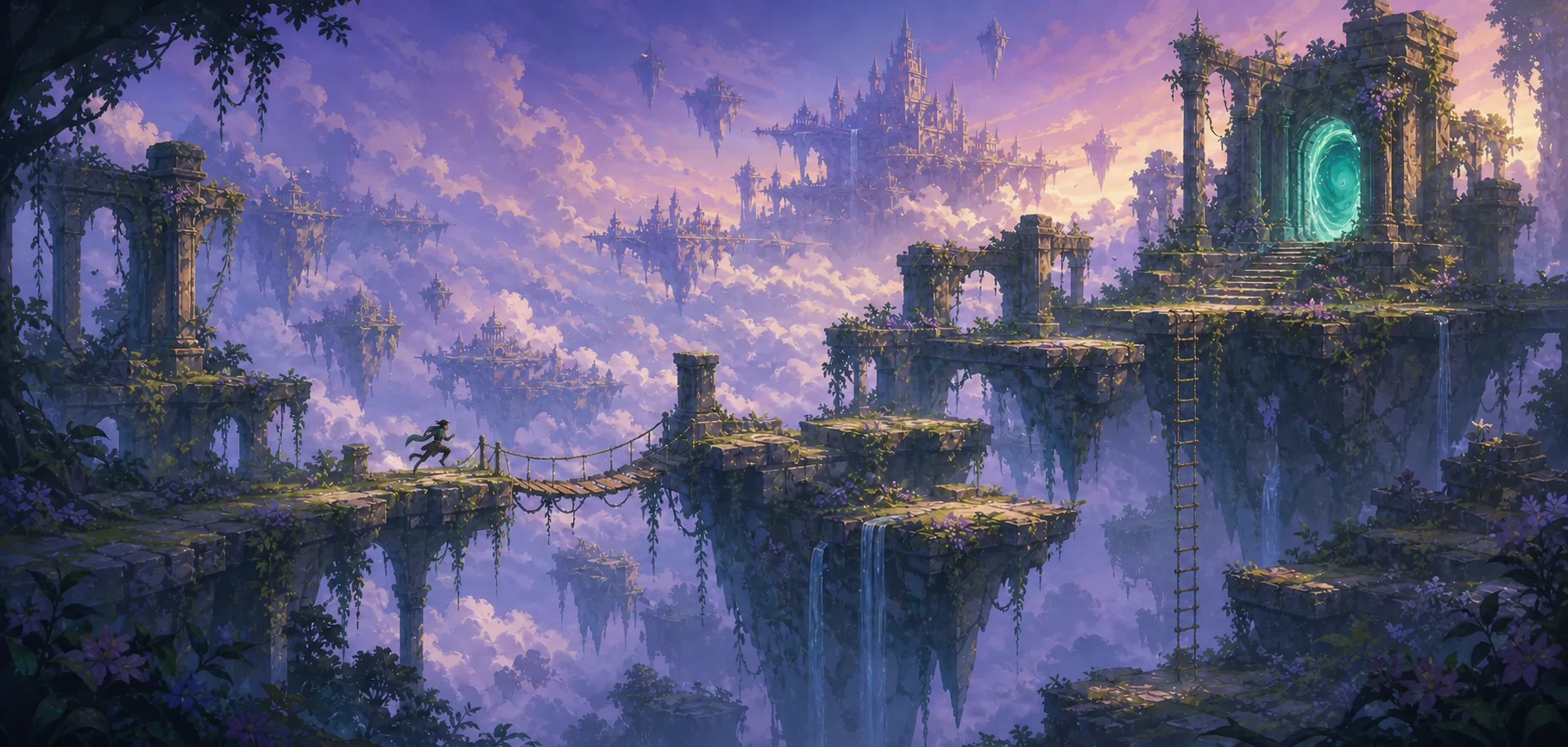 Hand-painted stylized 2D fantasy world of Portals Of Lumina