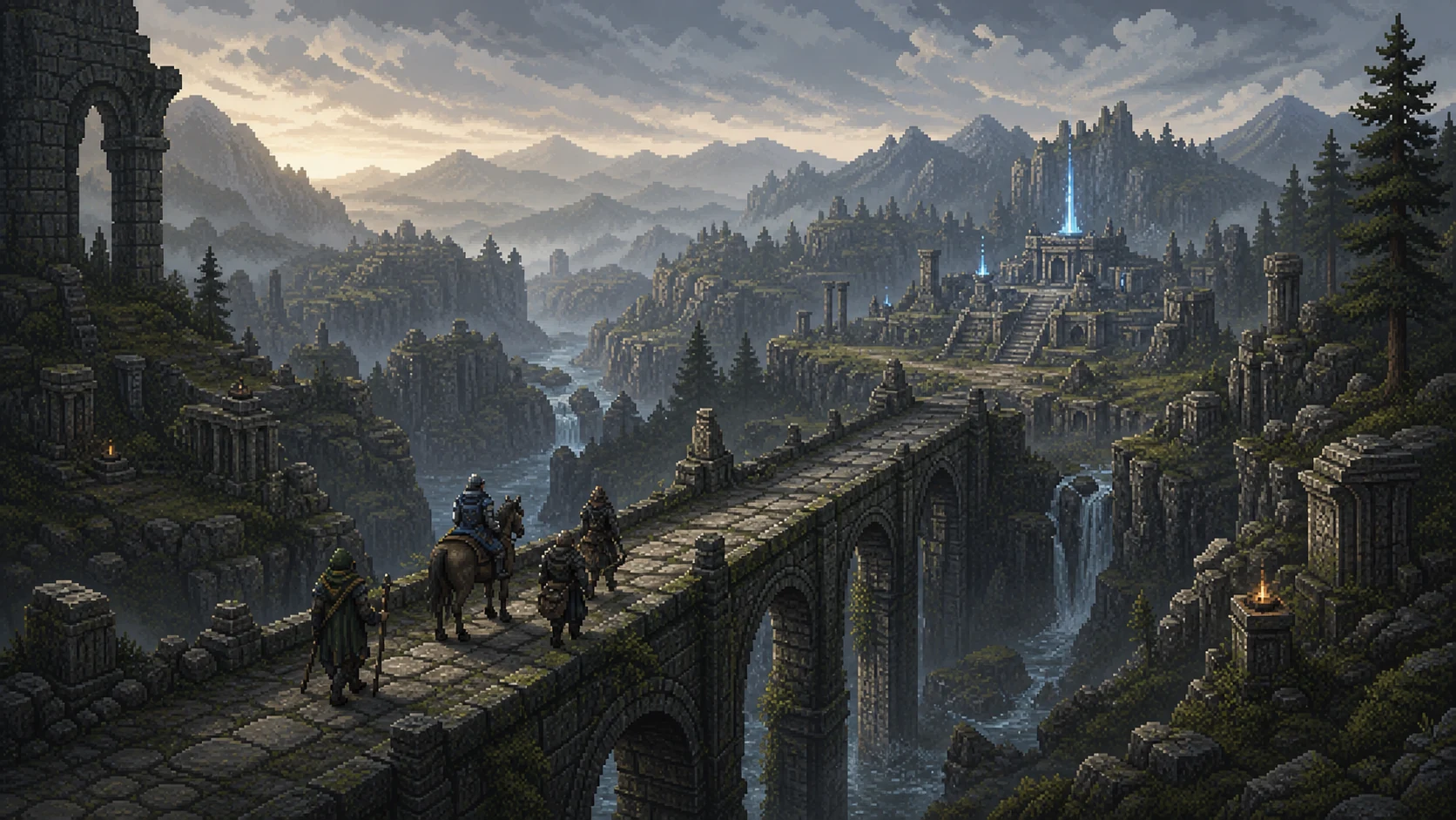 Aventuriers traversant un ancien pont à World Of Arcana