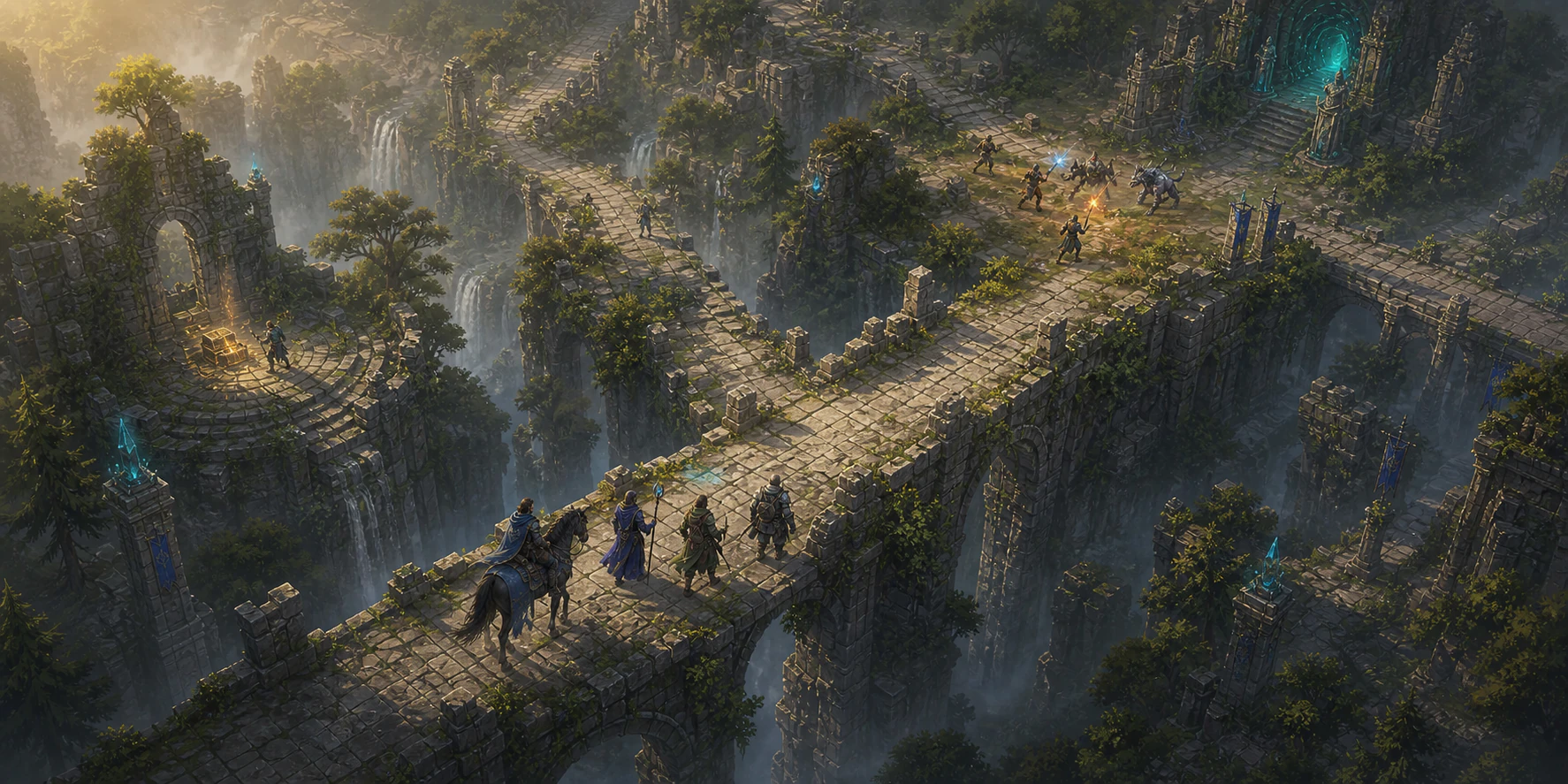 Adventurers crossing an ancient bridge in World Of Arcana