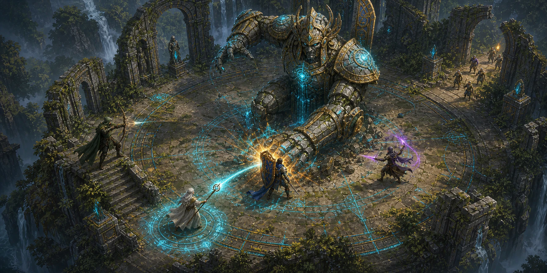 A party confronting an ancient guardian in World Of Arcana